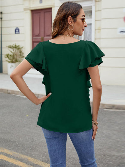 Ruffled V-Neck Short Sleeve TopRuffled V-Neck Short Sleeve Top

Introducing our elegant Ruffled V-Neck Short Sleeve Top, a must-have addition to your wardrobe for a touch of sophistication and styLove Salve -Neck Short Sleeve TopT-Shirts