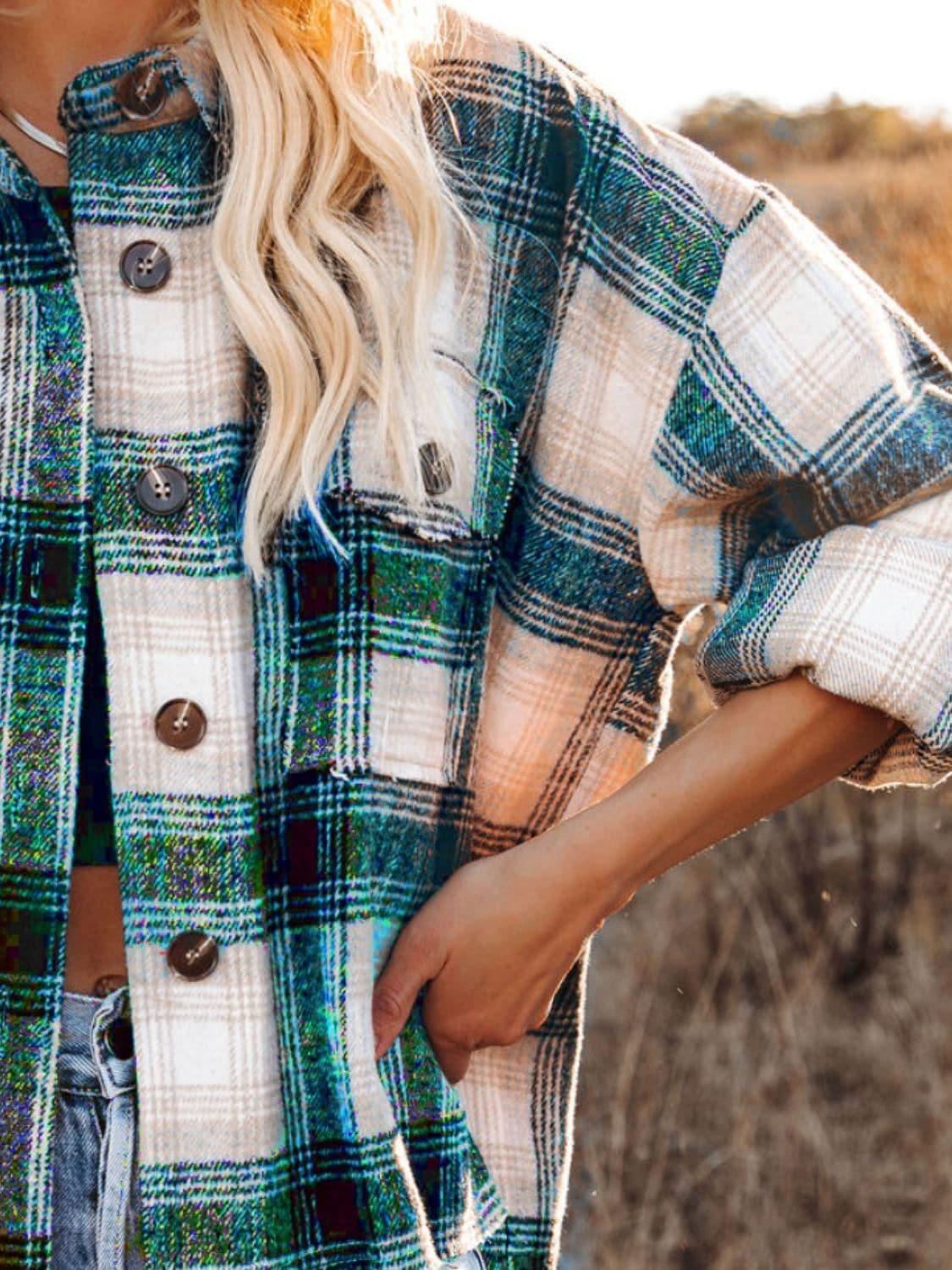 Plaid long sleeve shacket with pockets