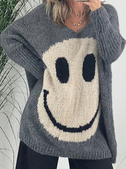 Charming v-neck long sleeve pullover with smiley design