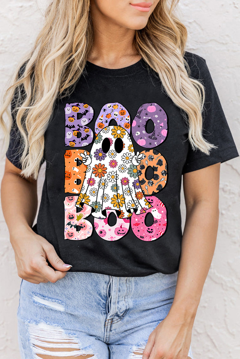 Floral ghost print Halloween t-shirt with playful BOO lettering