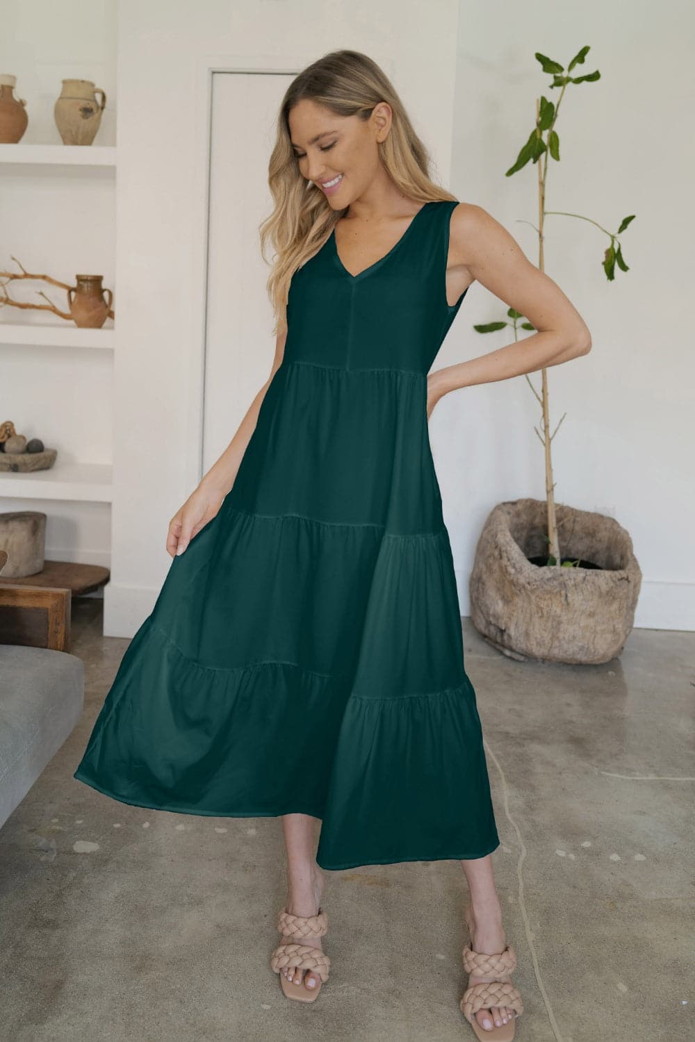 V-Neck Sleeveless Midi Tiered Dress.