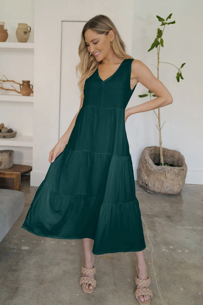 V-Neck Sleeveless Midi Tiered Dress.