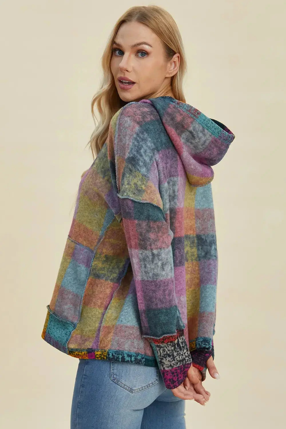 Double Take Full Size Plaid Dropped Shoulder Fleece Hoodie - Love Salve