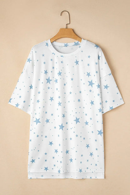 Stars Print Drop Shoulder Oversized T Shirt with Slits