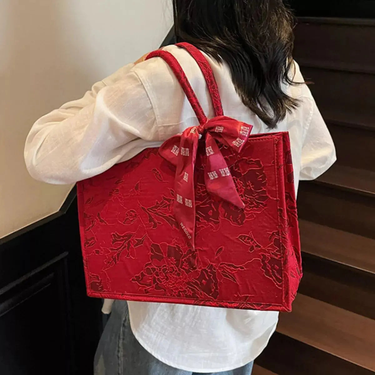 Floral Embossed Tote Handbag with Scarf Accent Simply Love