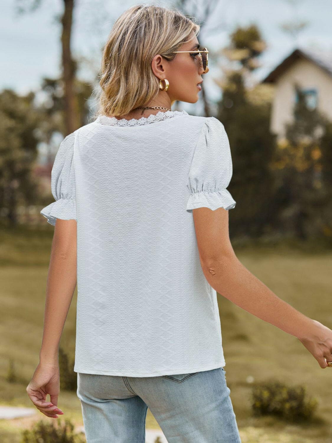 Lace Detail V-Neck Flounce Sleeve BlouseUpgrade Your Style with our Lace Detail V-Neck Blouse!
 
 
Chic Design: Elevate your look with the intricate lace detailing and flounce sleeves of this blouse.
 
VerLove Salve -Neck Flounce Sleeve BlouseShirts