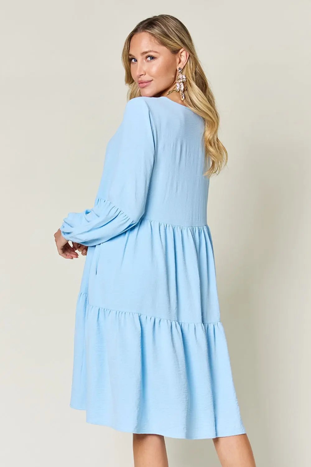 Double Take Full Size V-Neck Balloon Sleeve Tiered Dress - Love Salve