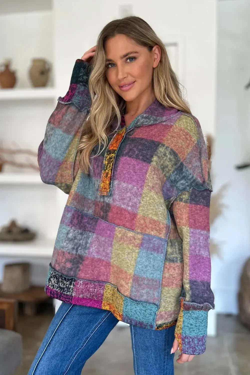 Double Take Full Size Plaid Dropped Shoulder Fleece Hoodie - Love Salve