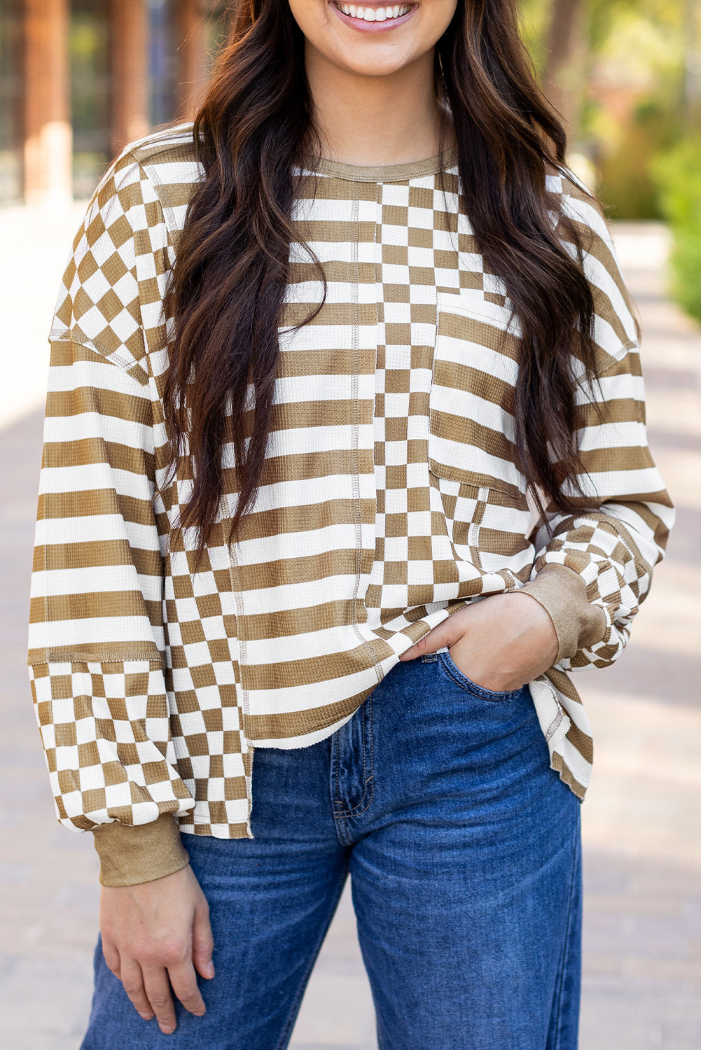 Khaki patchwork blouse with plaid design