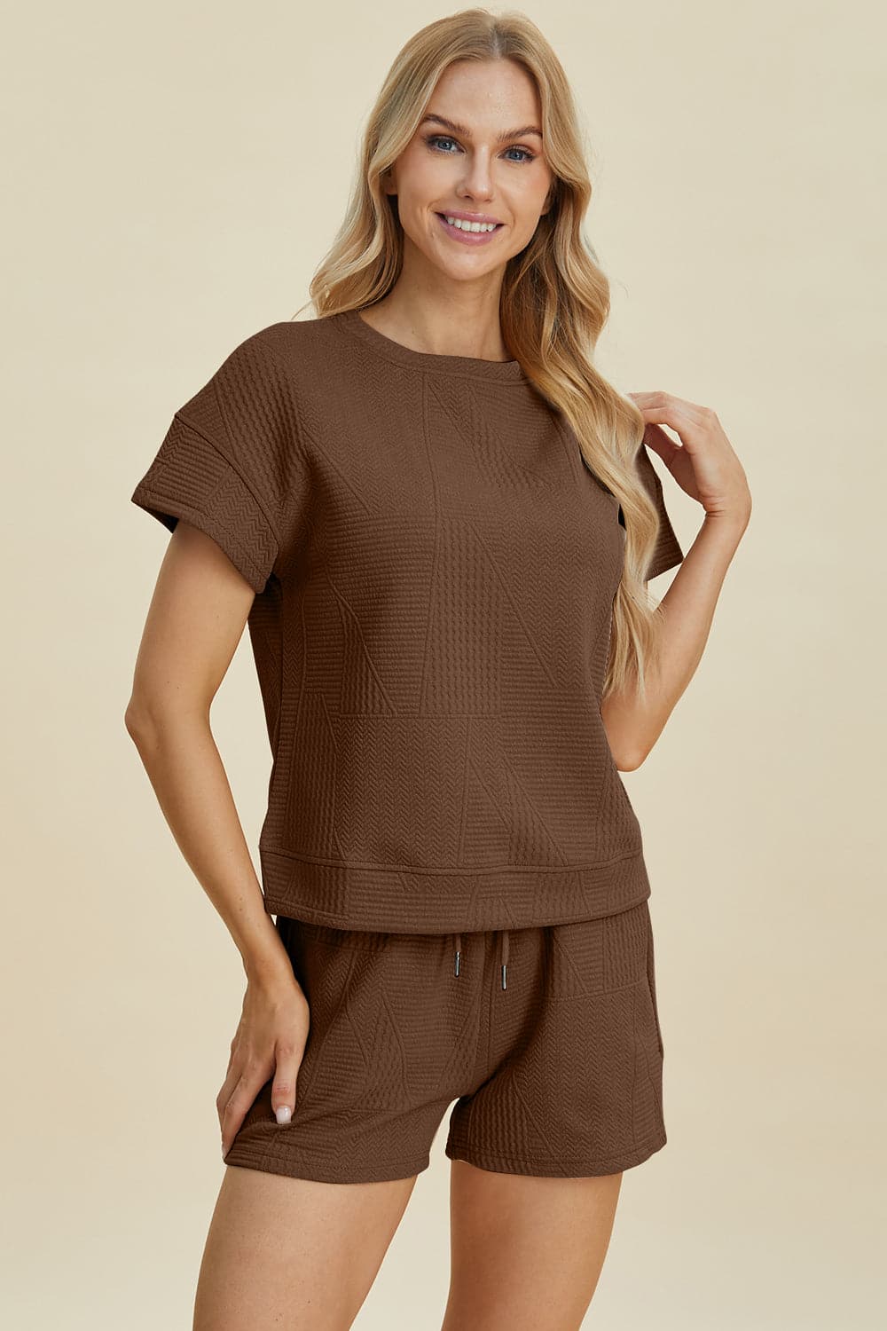 Double Take Full Size Texture Short Sleeve Top and Shorts Set.