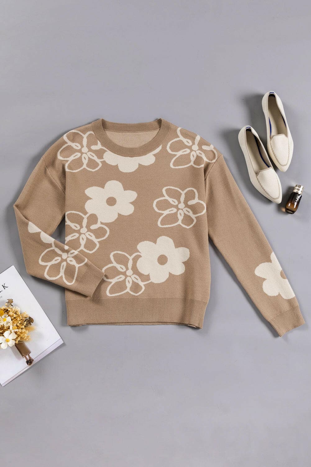 Flower Round Neck Dropped Shoulder Sweater.