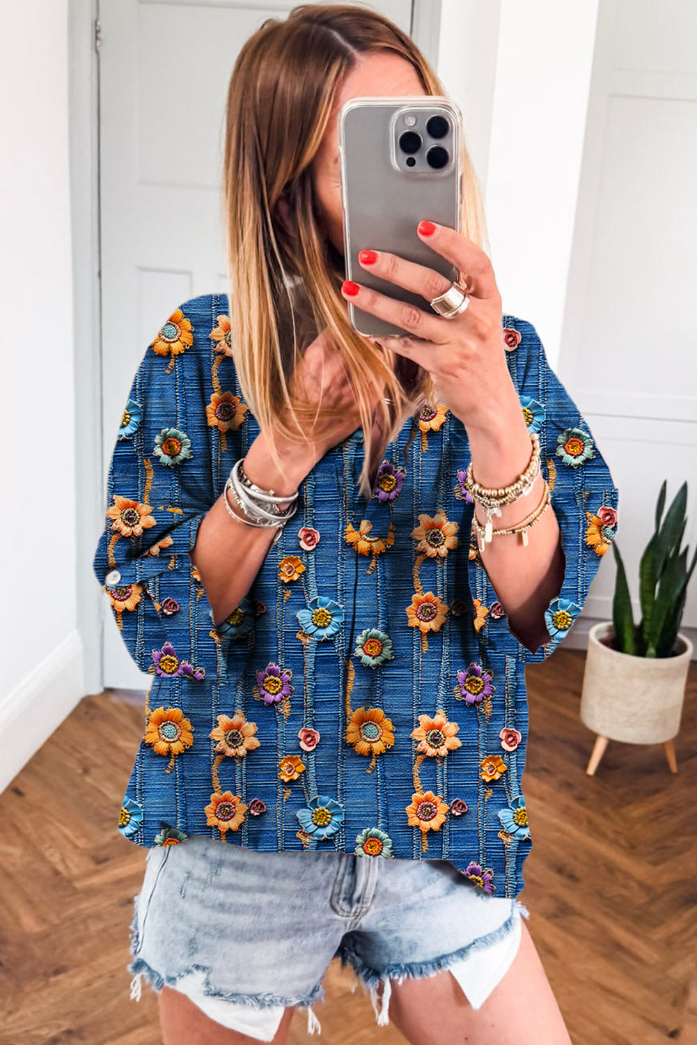 Premium Blue Floral Collared V Neck Roll Up Sleeve Blouse