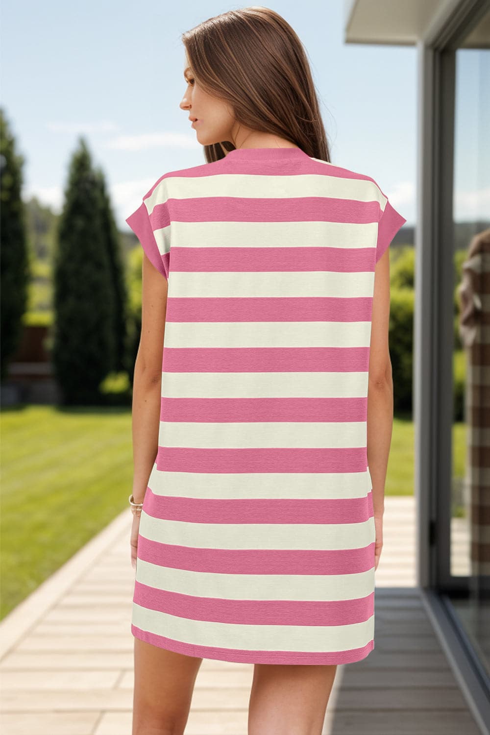 Striped Round Neck Cap Sleeve Mini Dress.