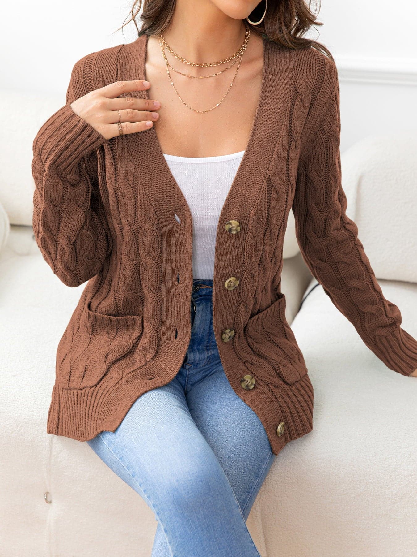 Button Down Cable-Knit Cardigan.