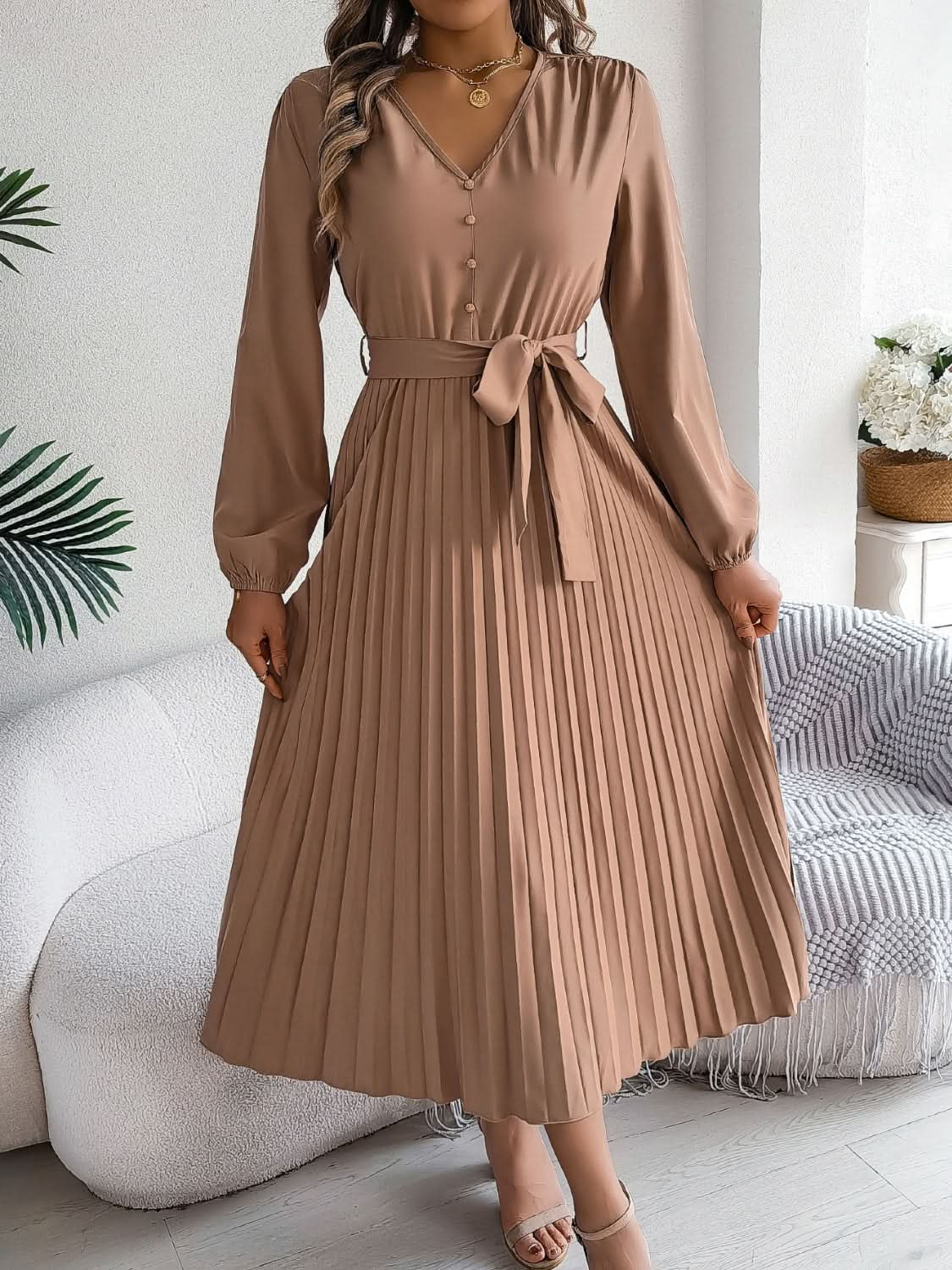 Elegant V-Neck Long Sleeve Dress with Sheer Tied Design