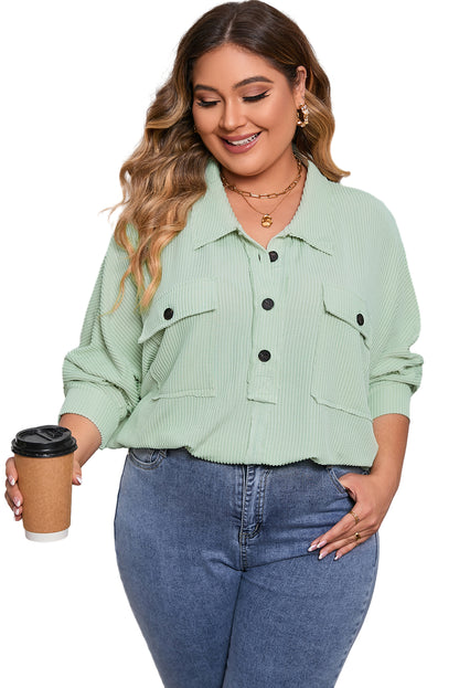 Chic green plus size ribbed henley top with pockets and long sleeves