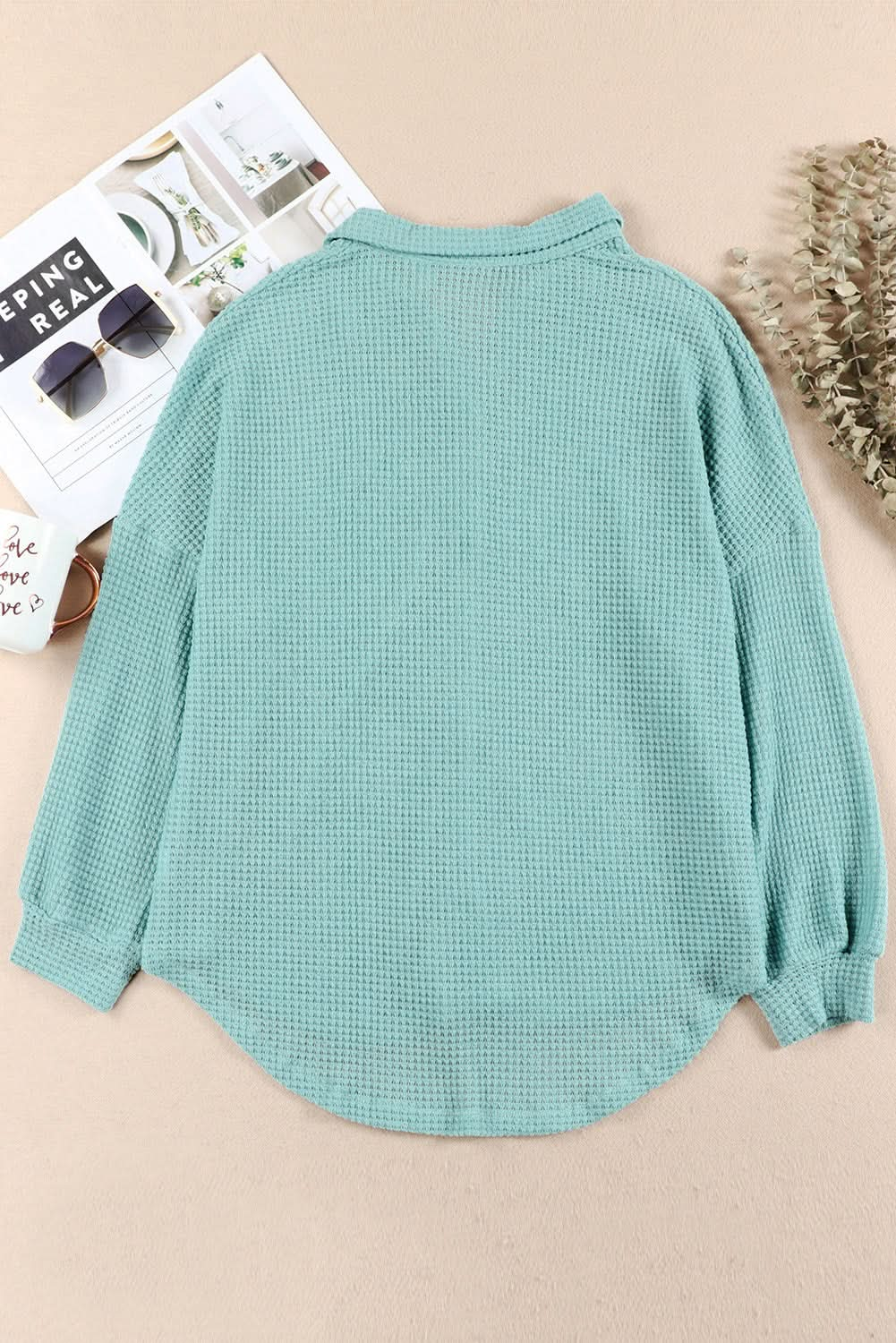 Collared Long Sleeve Waffle-Knit Shirt with Pocket