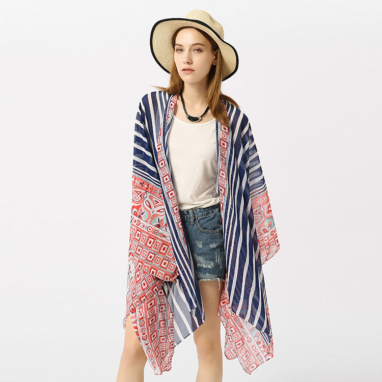 Beach Cover Up Chiffon Striped Positioning Beach Sun Protection Cardigan Vacation Clothes Bella Mia