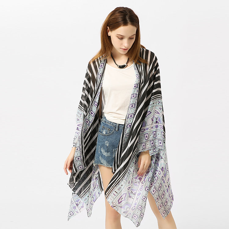 Beach Cover Up Chiffon Striped Positioning Beach Sun Protection Cardigan Vacation Clothes Bella Mia