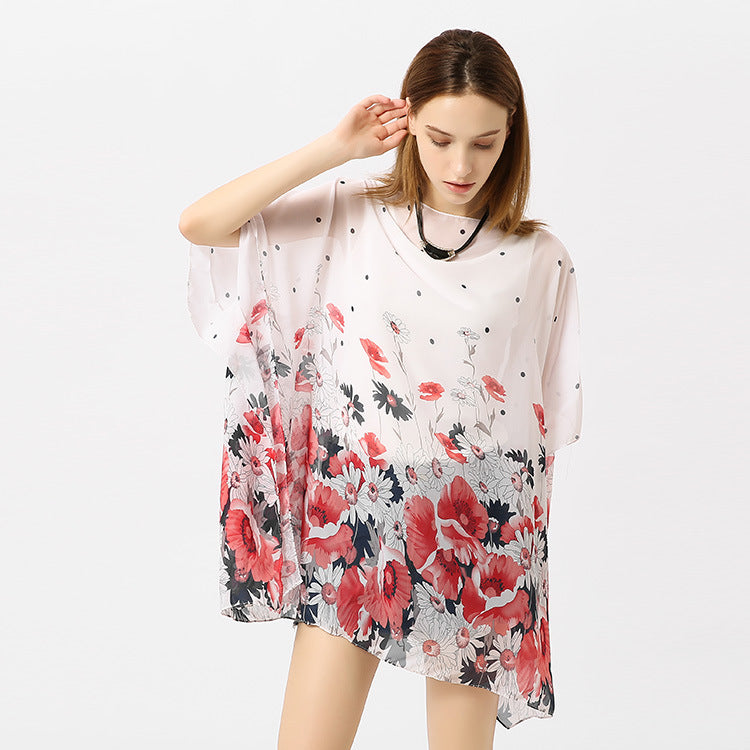 Chiffon Shirt Thin Type Sunscreen All Match Loose Printed Floral Tassel Beachwear Beach Cover Up Pullover Bella Mia