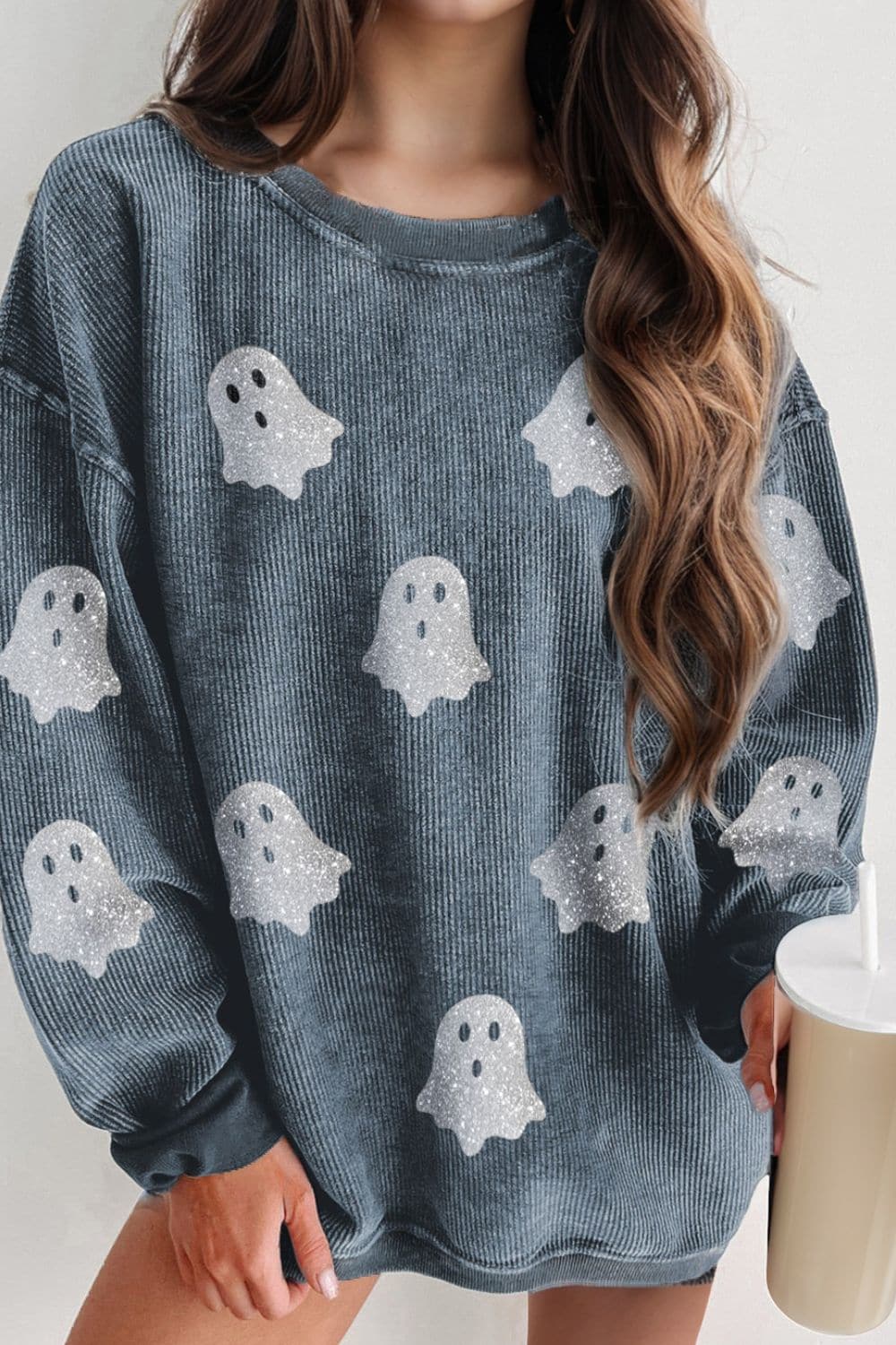 Glittering ghost long sleeve sweatshirt with round neck