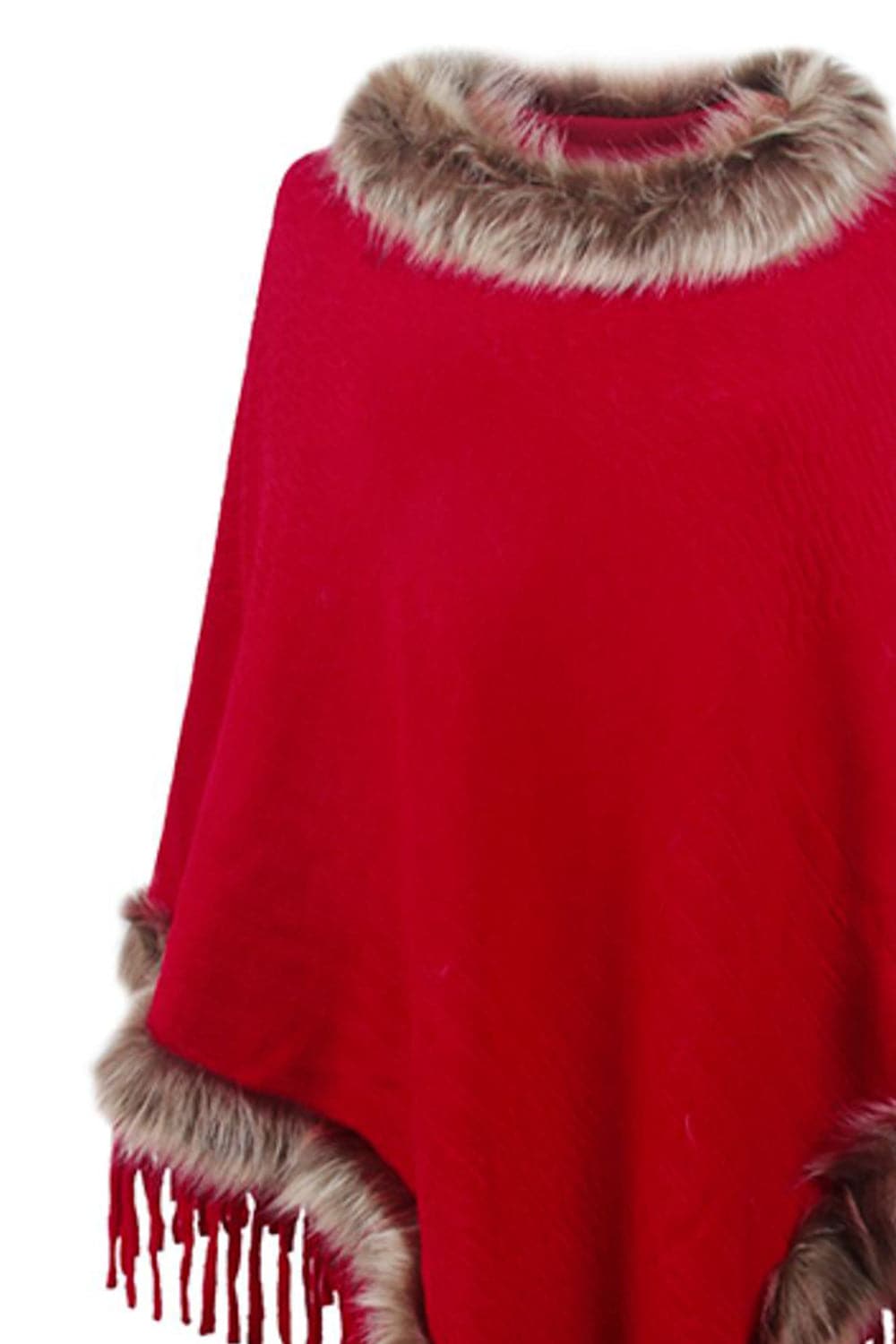 Faux Fur Trim Fringed Poncho.