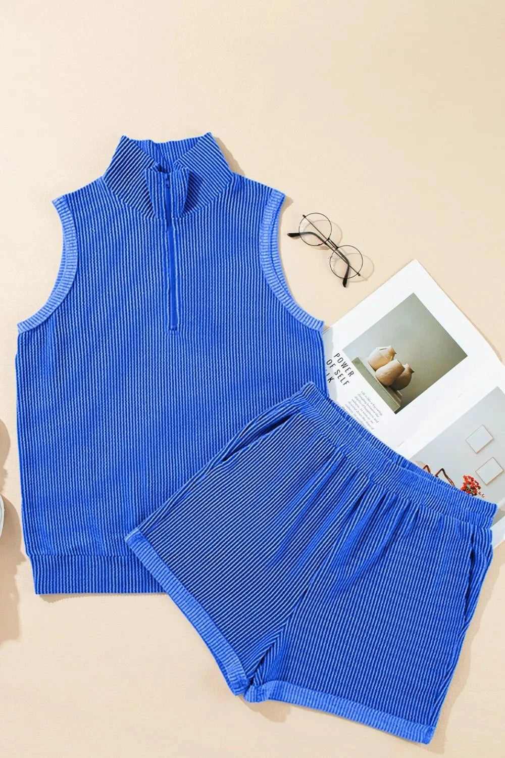 Corded Collared Half Zip Tank and Shorts Set Simply Love