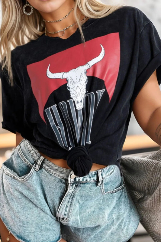 Western HOWDY Steer Head Print Side Slits Loose Fit T Shirt Simply Love