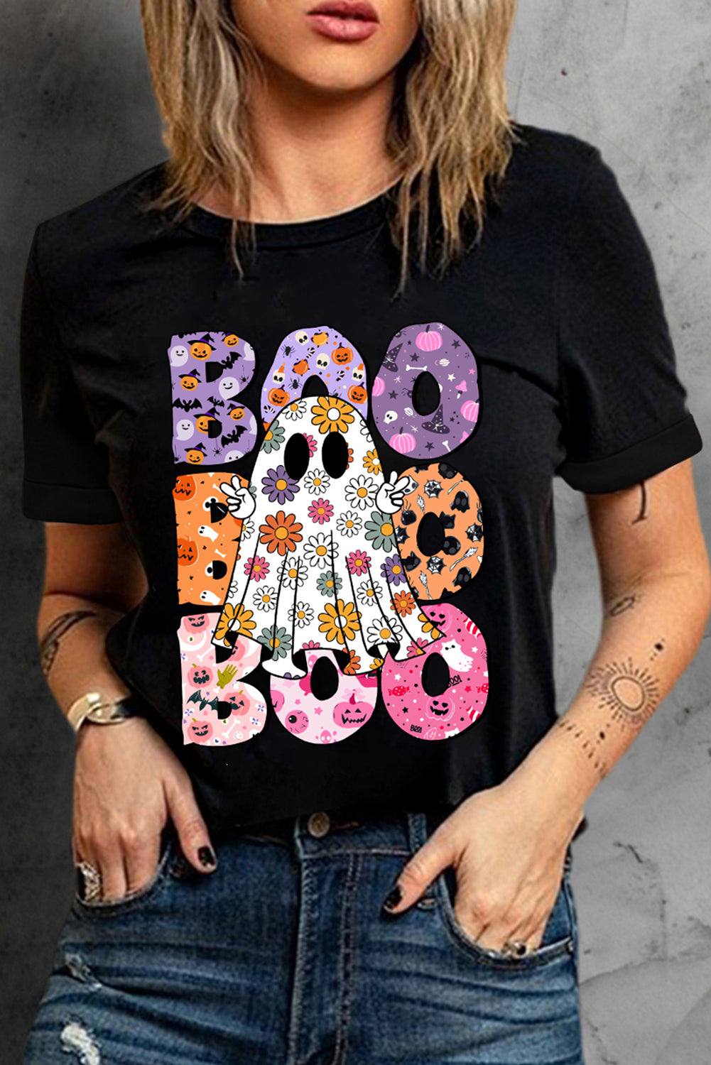 Floral ghost print Halloween t-shirt with playful BOO lettering