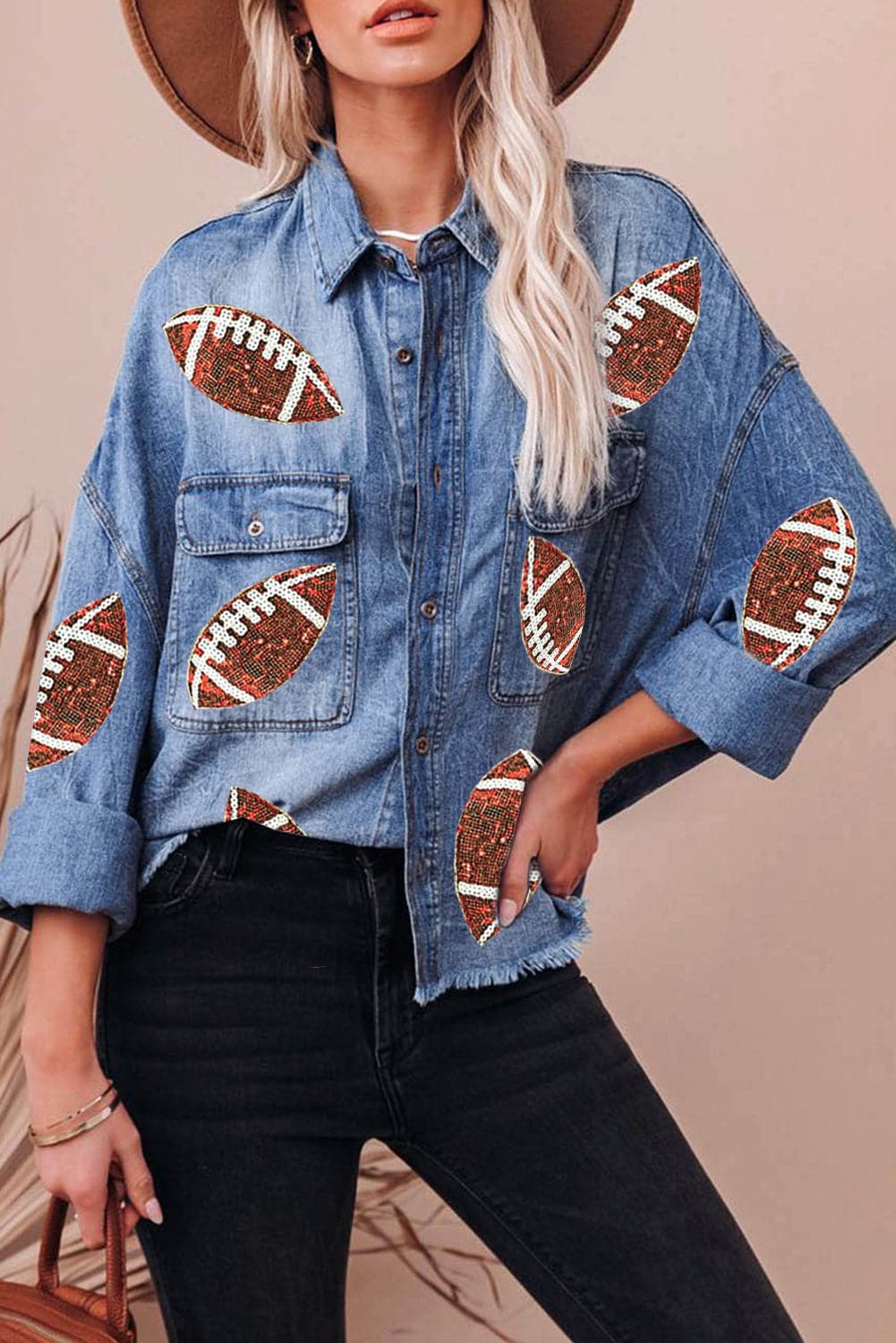 Raw Hem Sequin Football Long Sleeve Denim Jacket.