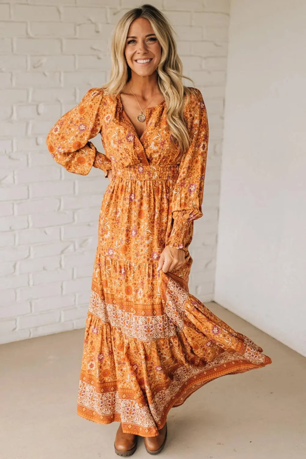Orange Floral Print Smocked Waist Long Sleeve Boho Maxi Dress Dear-Lover Dropshipping
