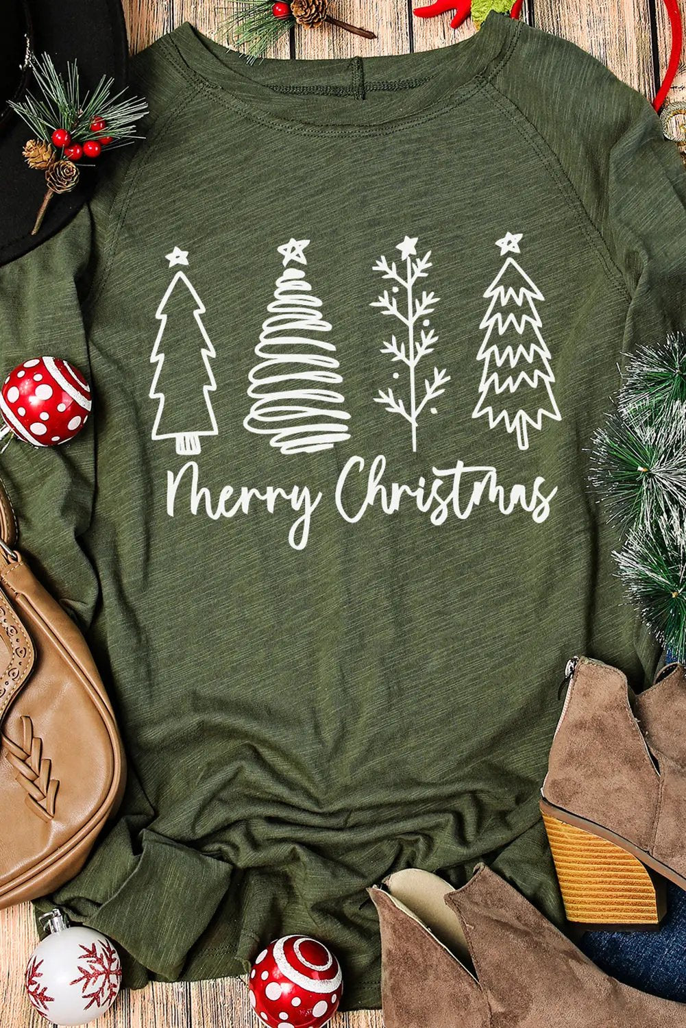 Thea Merry Christmas Trees Thumbhole Sleeve Graphic Long Sleeve Tee - Love Salve 