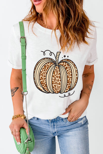 Leopard print pumpkin graphic crewneck Halloween tee