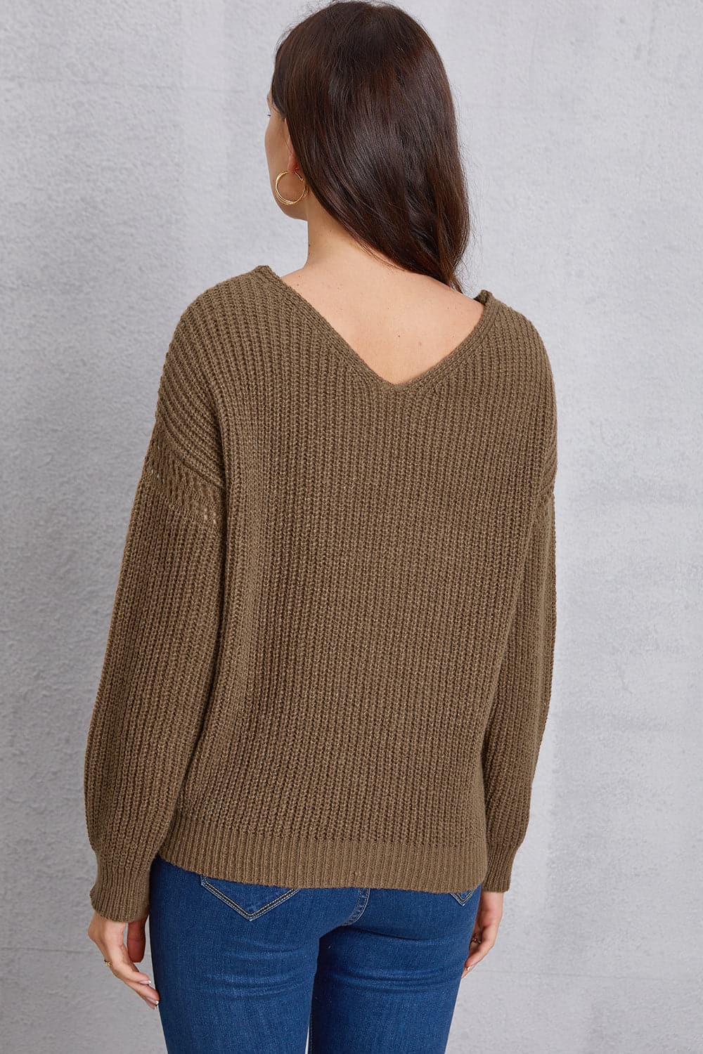 V-Neck Pocketed Dropped Shoulder Knit Top.