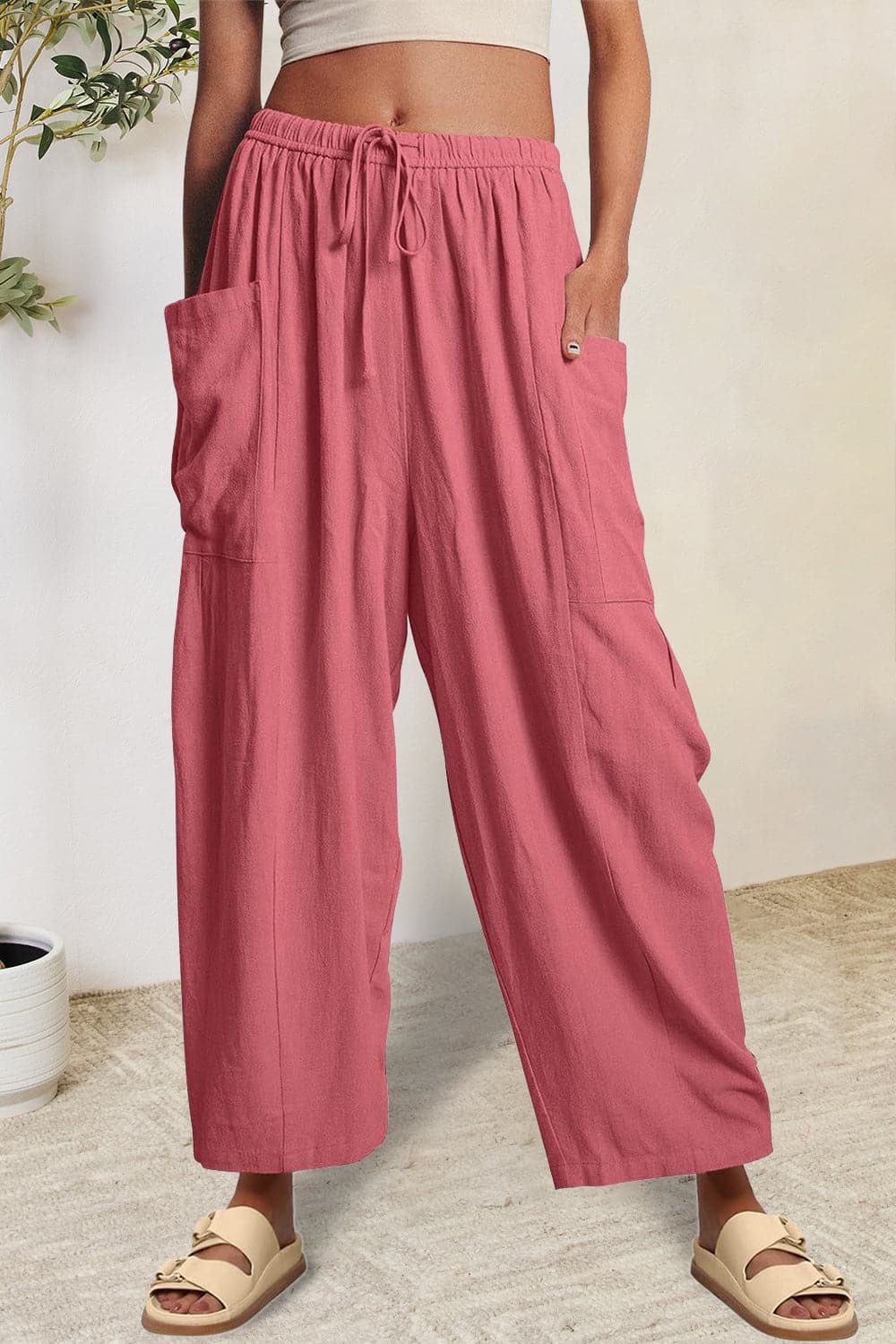 Full Size Pocketed Drawstring Wide Leg Pants.