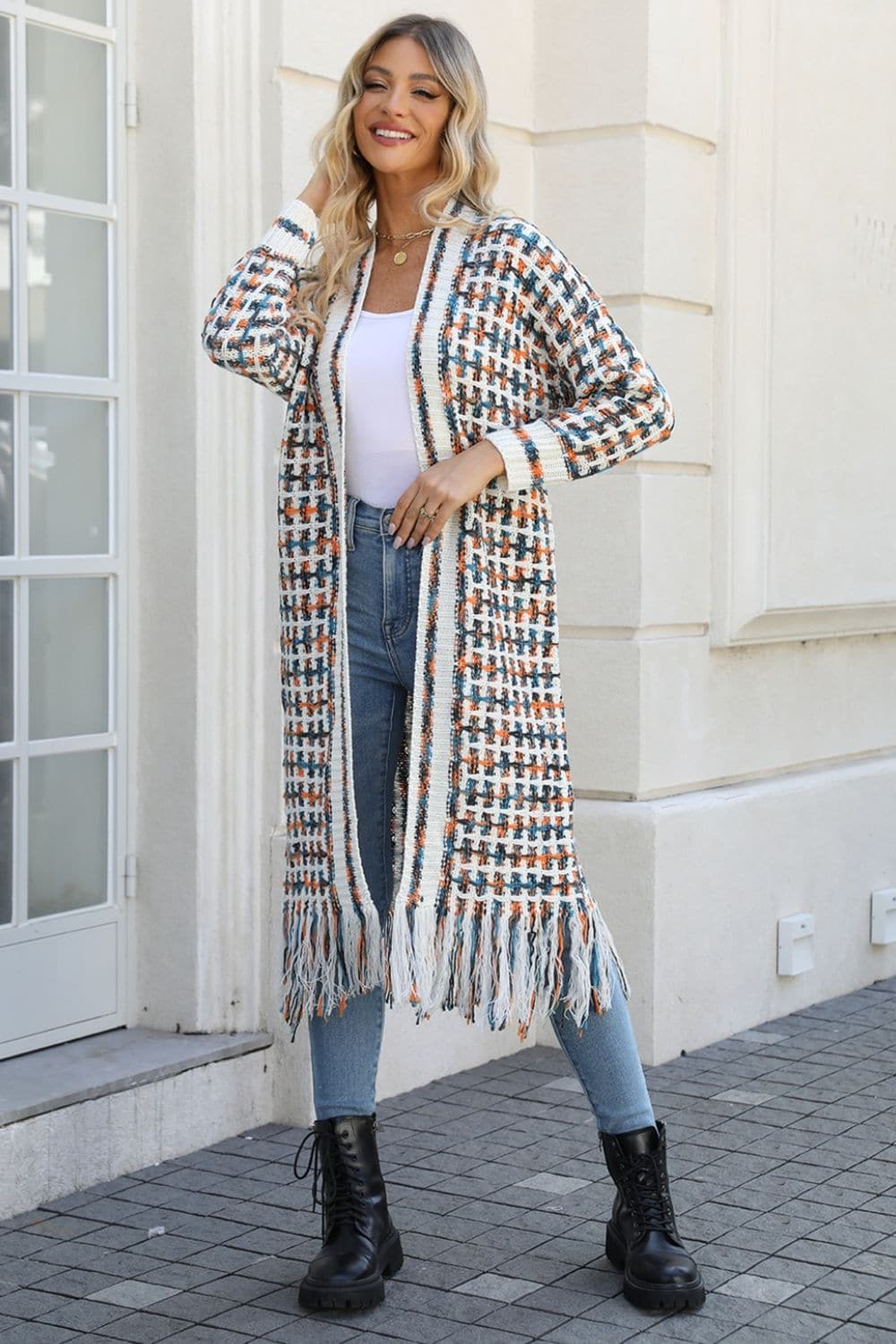 Multicolored Open Front Fringe Hem Cardigan.