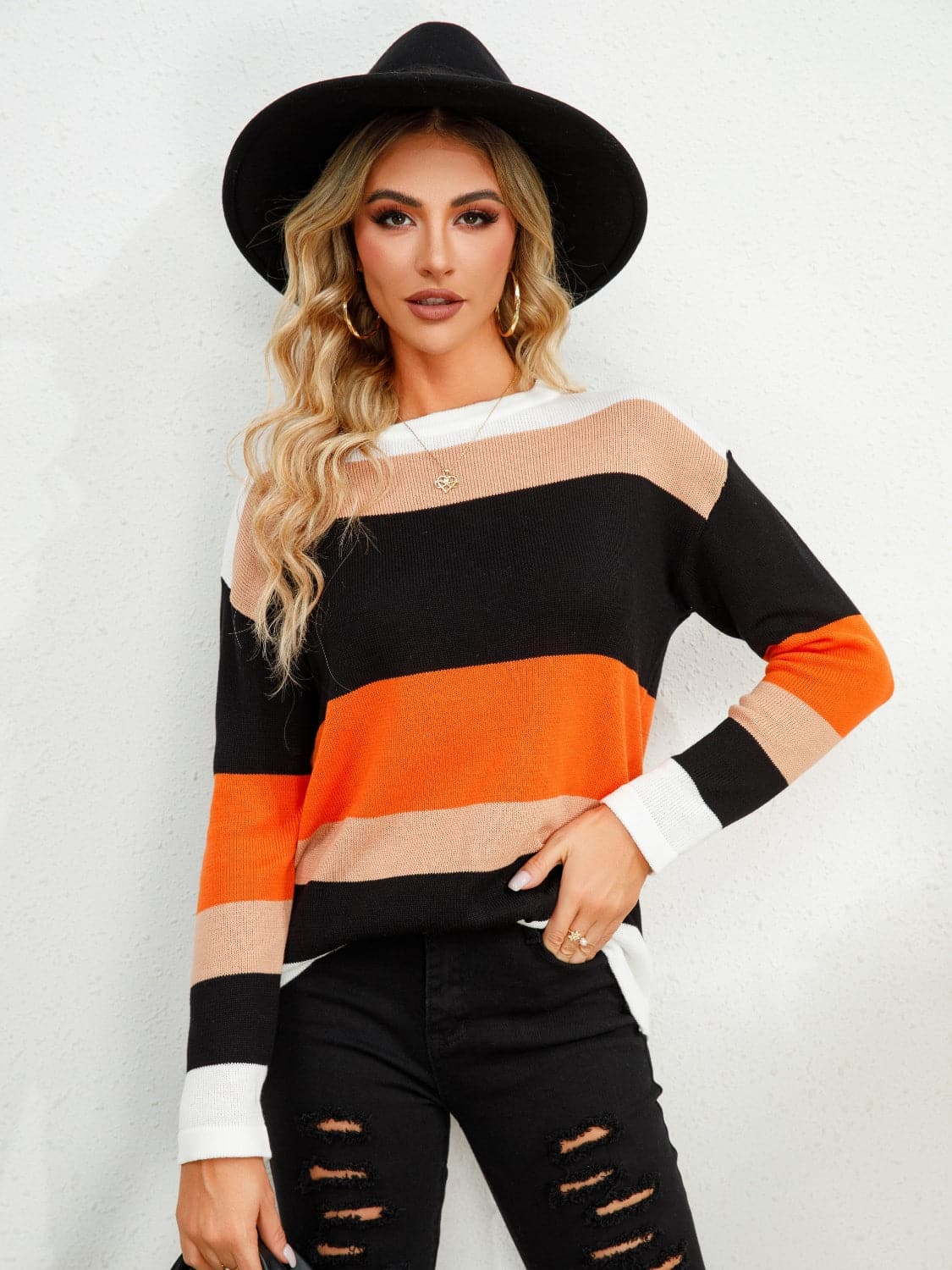 Striped Round Neck Dropped Shoulder Sweater.