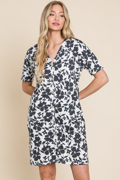 BOMBOM Floral Button Down Mini Dress.