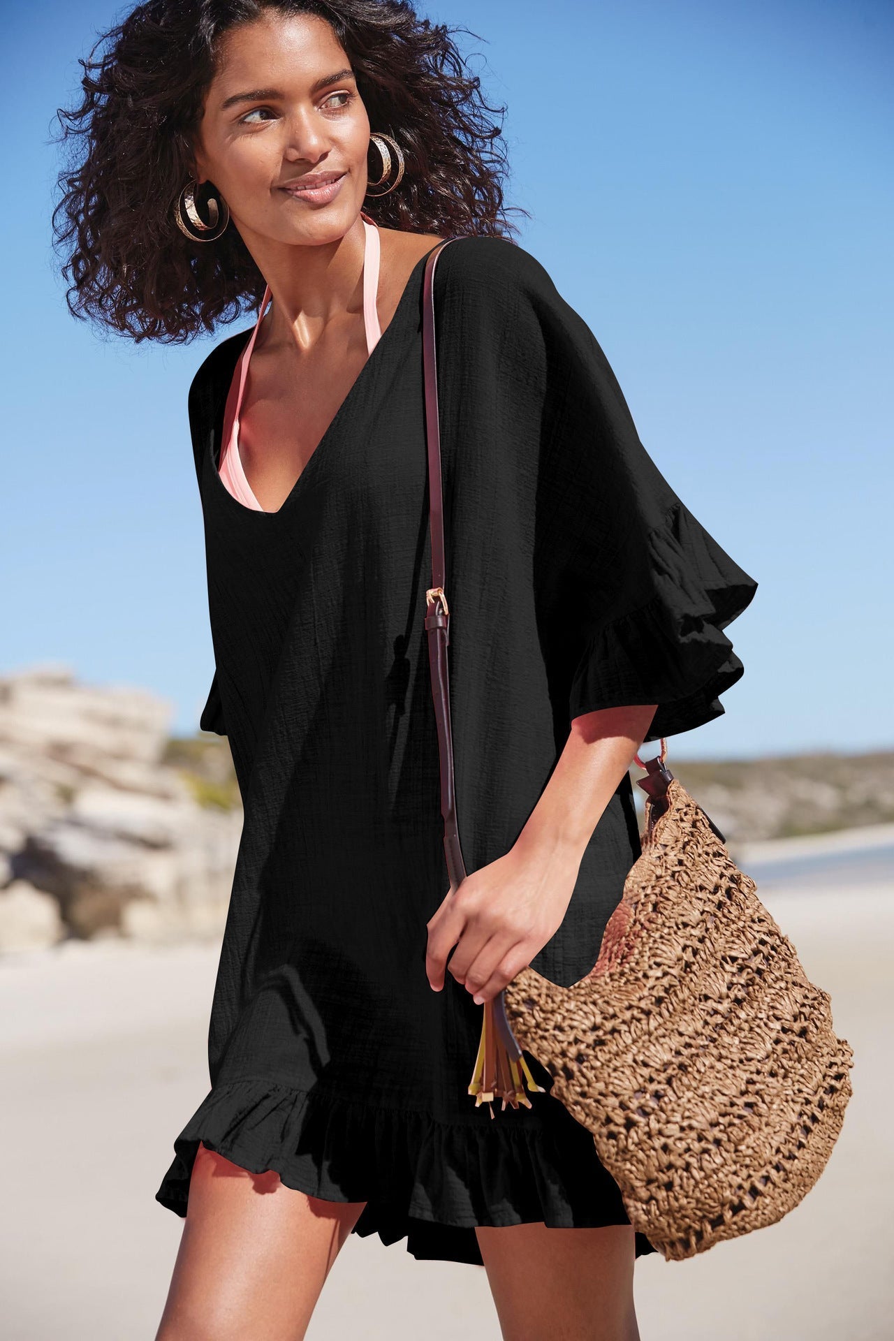 Slub Cotton V Neck Bikini Cover Up Beach Cover Up Vacation Swimsuit outside Overclothes Women Sun Protection Bella Mia