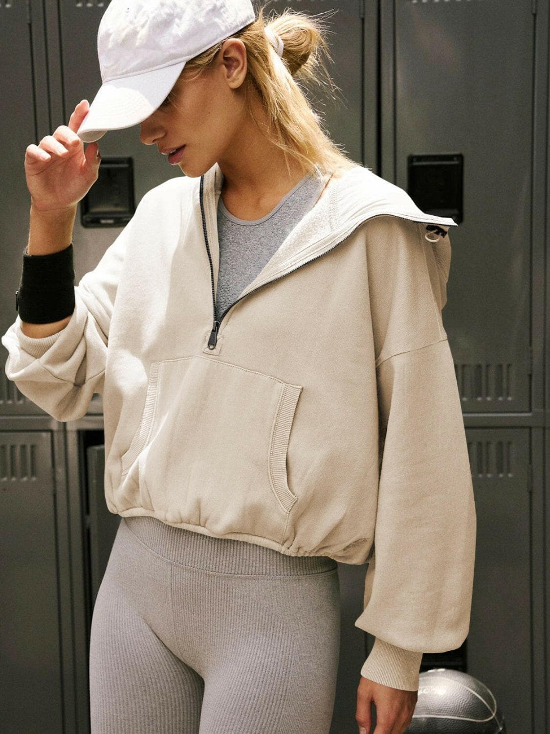 Half Zip Pocketed Dropped Shoulder Hoodie.