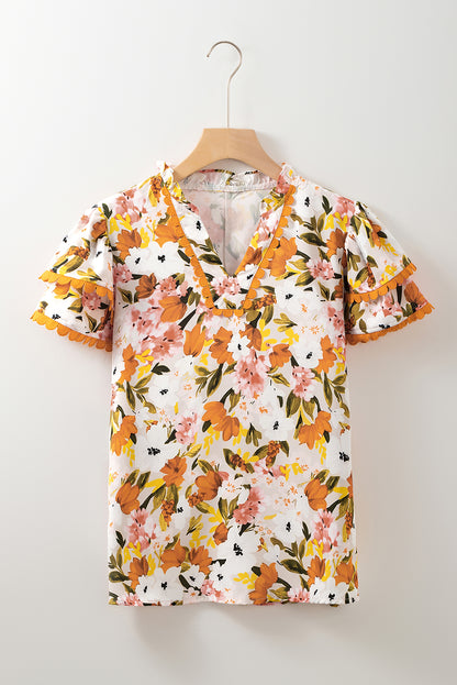 Russet Orange Ruffled V Neck Scalloped Floral Blouse