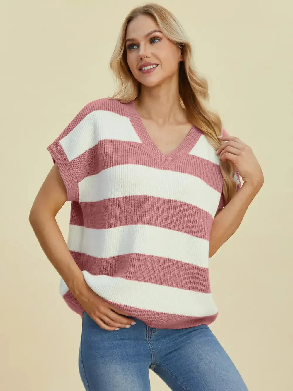 Double Take: Striped V-Neck Sweater - Love Salve