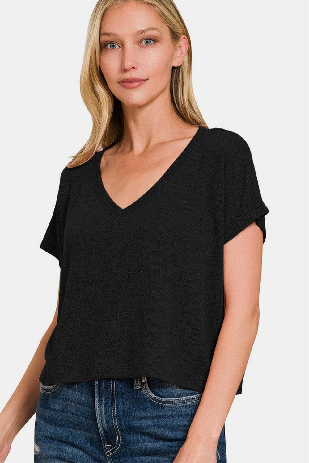 Zenana V-Neck Short Sleeve Crop T-ShirtExperience Effortless Style with the Zenana V-Neck Short Sleeve Crop T-Shirt
 The Zenana V-Neck Short Sleeve Crop T-Shirt is not just another addition to your wardroLove Salve -Neck Short Sleeve CropTIKTOK