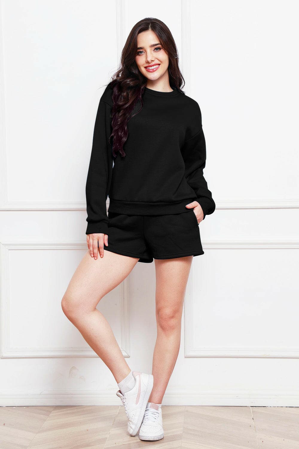 Round Neck Long Sleeve Sweatshirt and Drawstring Shorts Set.