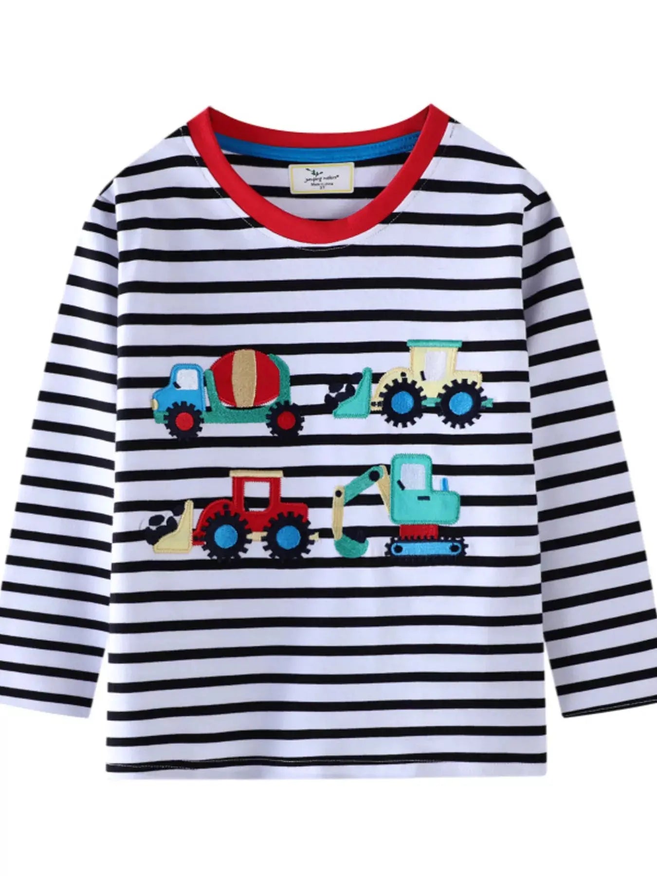 Kids Long Sleeve Striped Shirt With Construction Vehicle Applique Simply Love