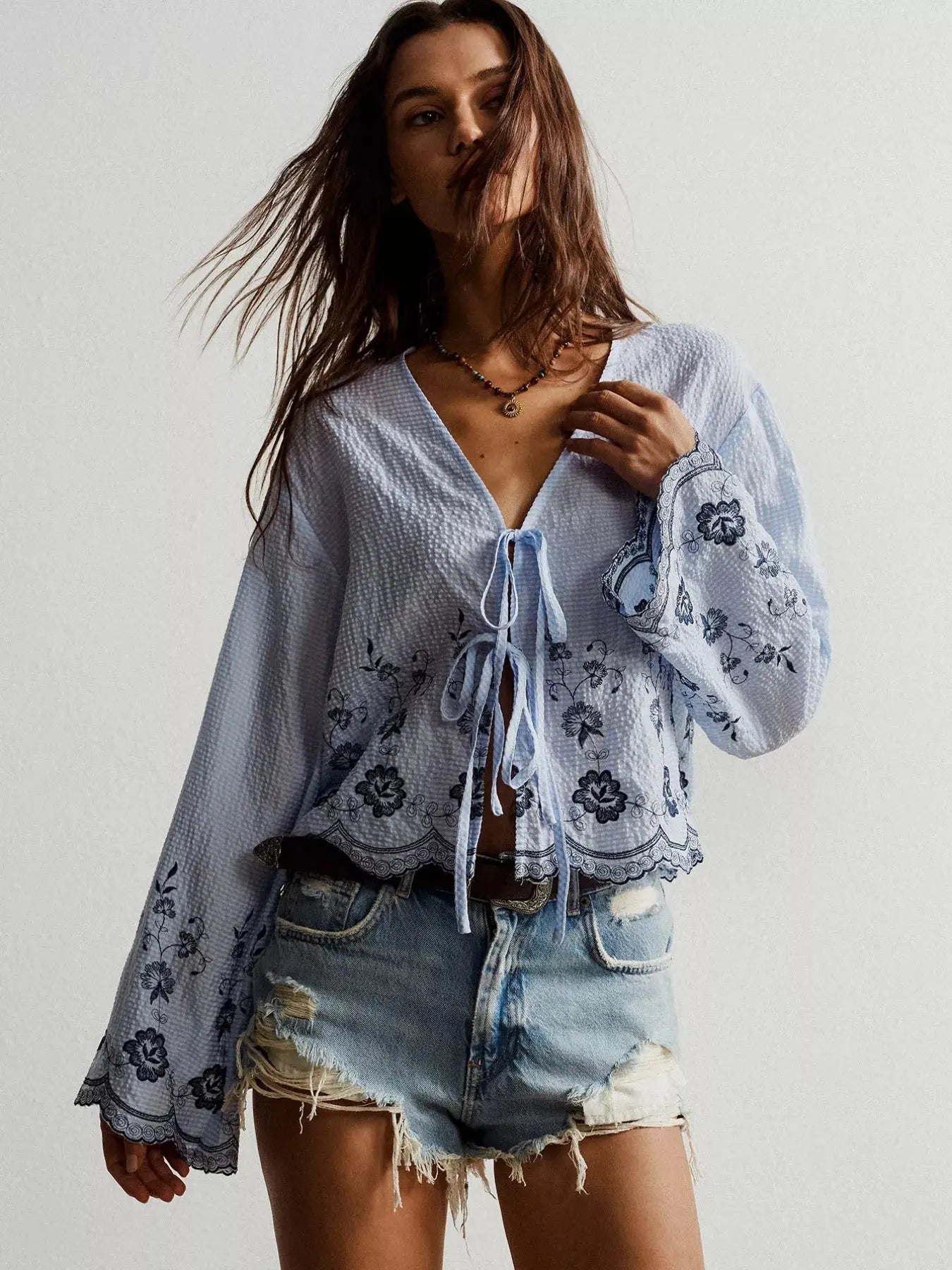 Floral Embroidered Tie-Front Blouse Simply Love