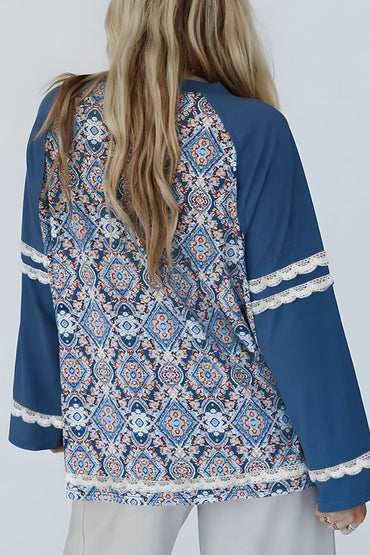 Lace-Trimmed Geometric Print Long Sleeve Blouse