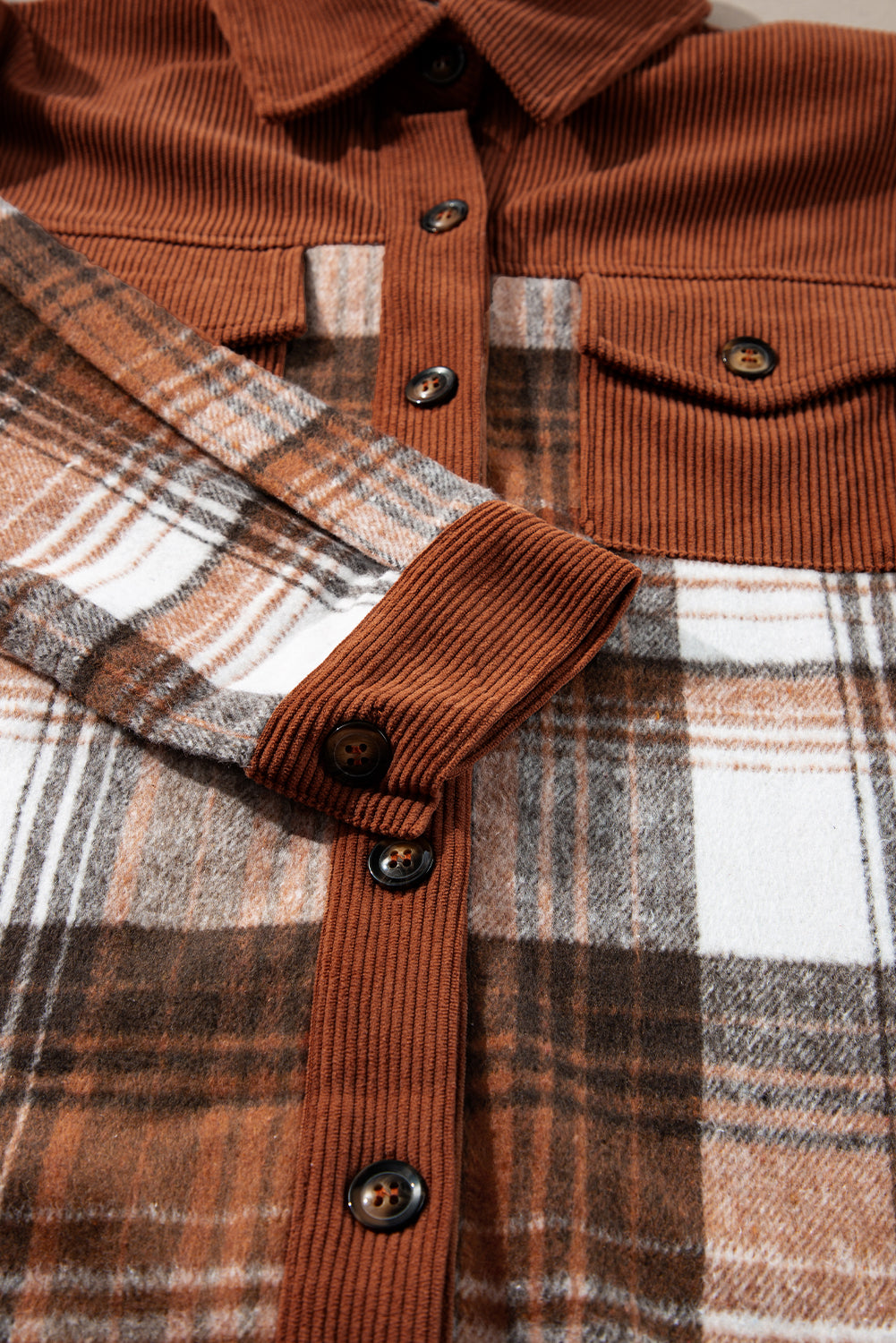 Cinnamon corduroy plaid shacket with chest pockets