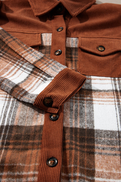 Cinnamon corduroy plaid shacket with chest pockets