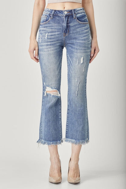 RISEN High Waist Distressed Cropped Bootcut Jeans.